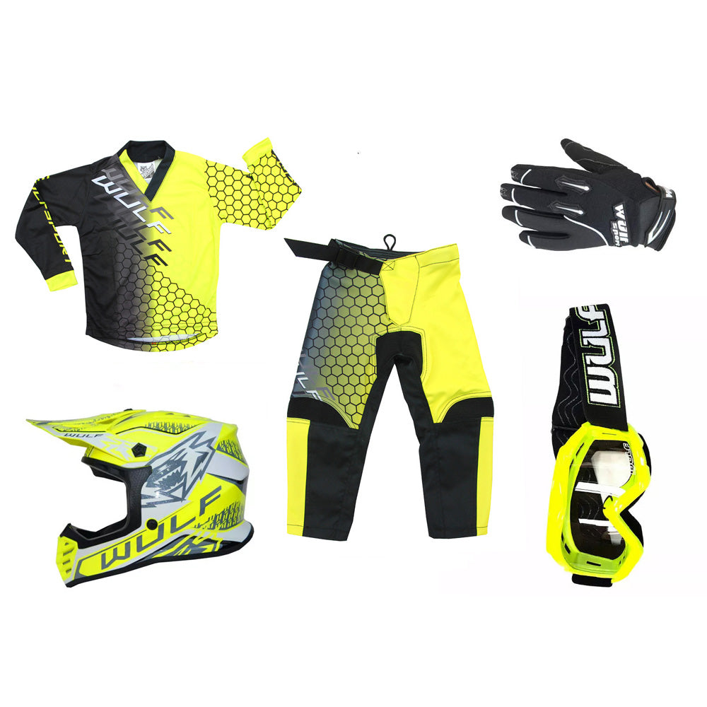 Kids MX Wulfsport 2025 CONNECT Shirt, Pant, Helmet, Gloves & Goggle Yellow Set #14