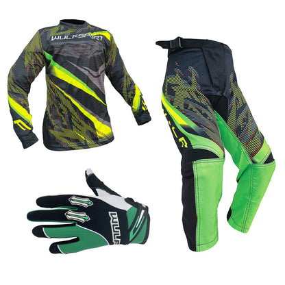 Kids MX Wulfsport 2026 WARHAMMER Motocross Shirt Pant Gloves Green Set #2