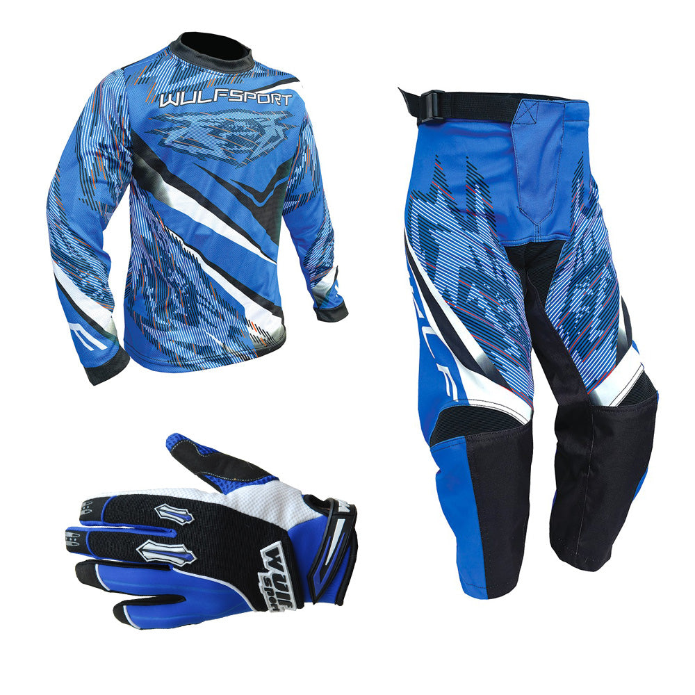 Kids MX Wulfsport 2026 WARHAMMER Motocross Shirt Pant Gloves Blue Set #2