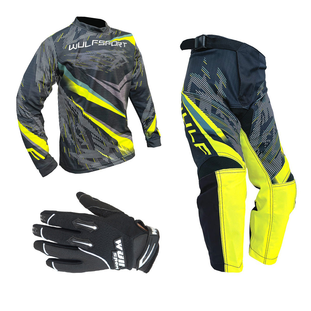 Kids MX Wulfsport 2026 WARHAMMER Motocross Shirt Pant Gloves Yellow Set #2