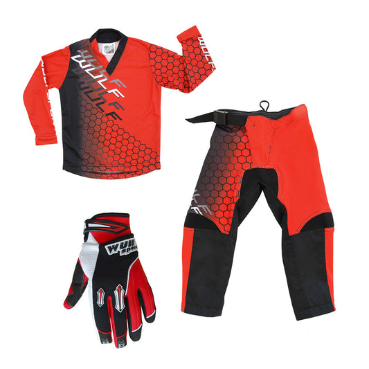 Kids MX Wulfsport 2025 CONNECT Motocross Shirt Pant Gloves Red Set #2