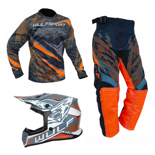 Kids MX Wulfsport 2026 WARHAMMER Motocross Shirt, Trouser & Helmet Orange Set #3