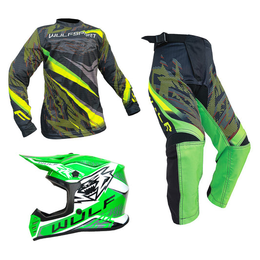 Kids MX Wulfsport 2026 WARHAMMER Motocross Shirt, Trouser & Helmet Green Set #3