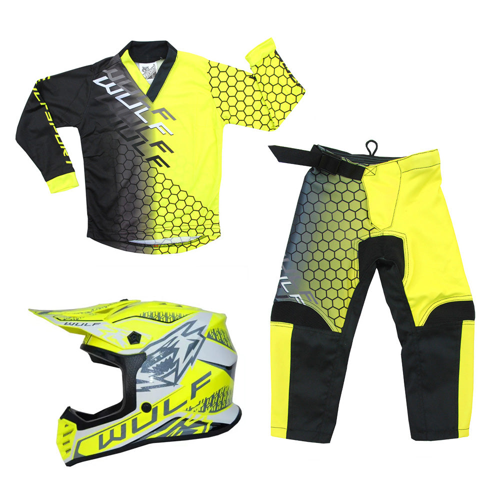 Kids MX Wulfsport 2025 CONNECT Motocross Shirt, Trouser & Helmet Yellow Set #3