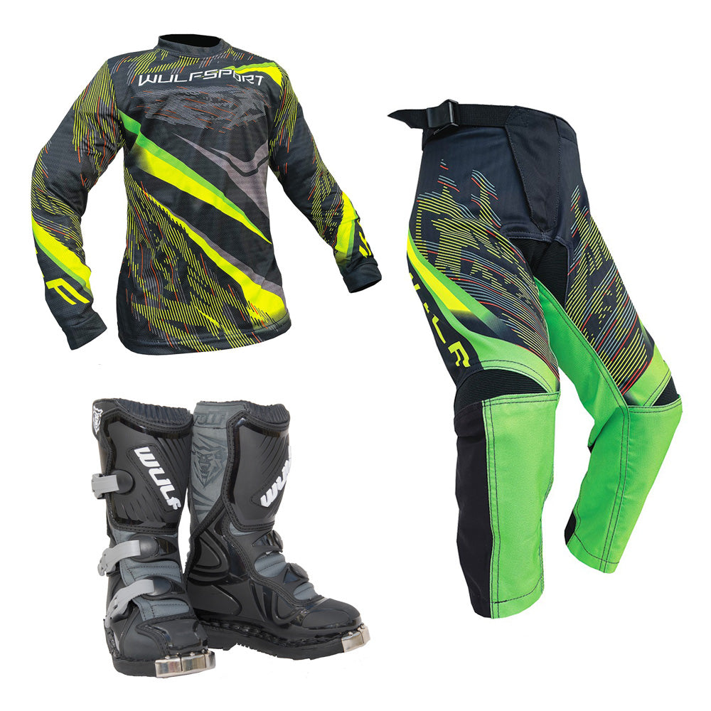 Kids MX Wulfsport 2026 WARHAMMER Motocross Shirt Pant Boots Green Set #4