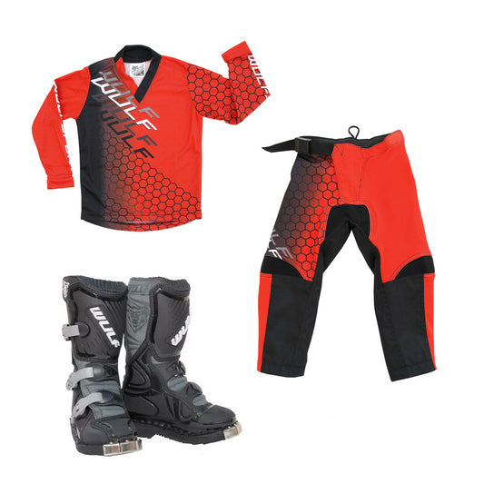 Kids MX Wulfsport 2025 CONNECT Motocross Shirt Pant Boots Red Set #4