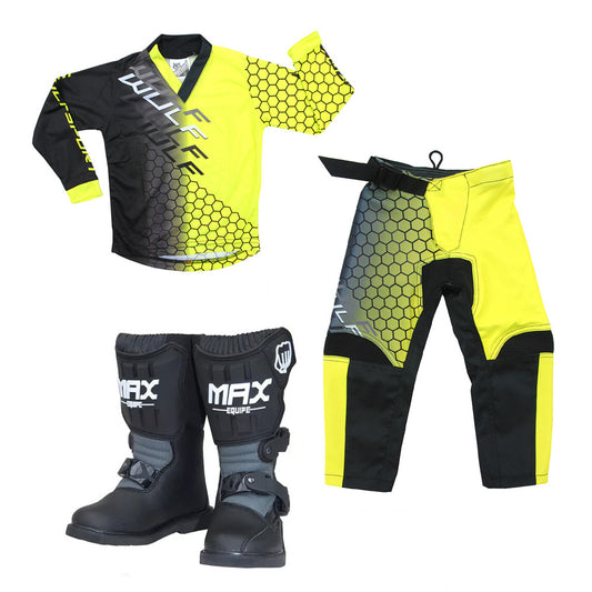 Kids MX Wulfsport 2025 CONNECT Motocross Shirt Pant Boots Yellow Set #M4