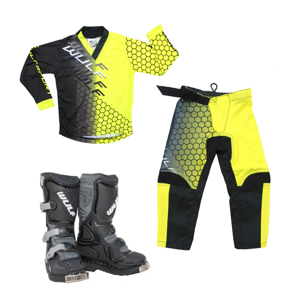 Kids MX Wulfsport 2025 CONNECT Motocross Shirt Pant Boots Yellow Set #4