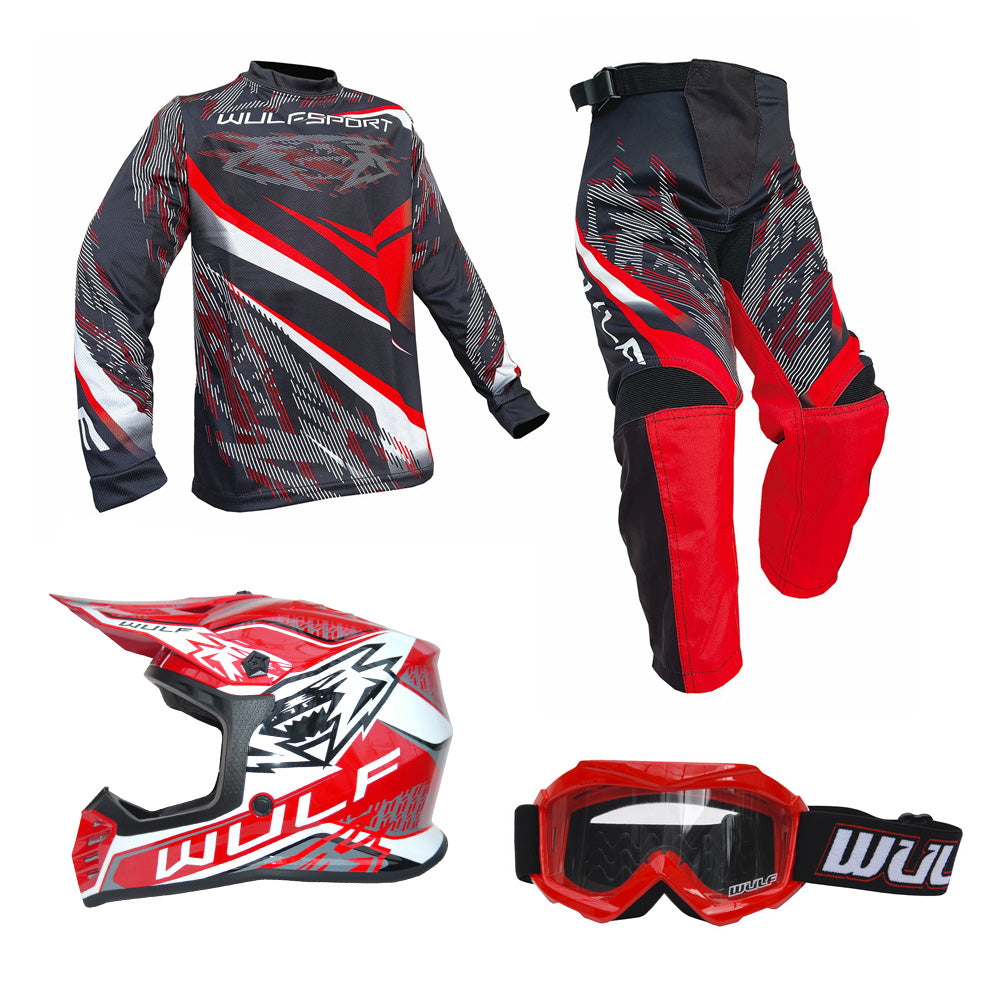Kids MX Wulfsport 2026 WARHAMMER Motocross Shirt, Trouser, Goggle & Helmet Red Set #5
