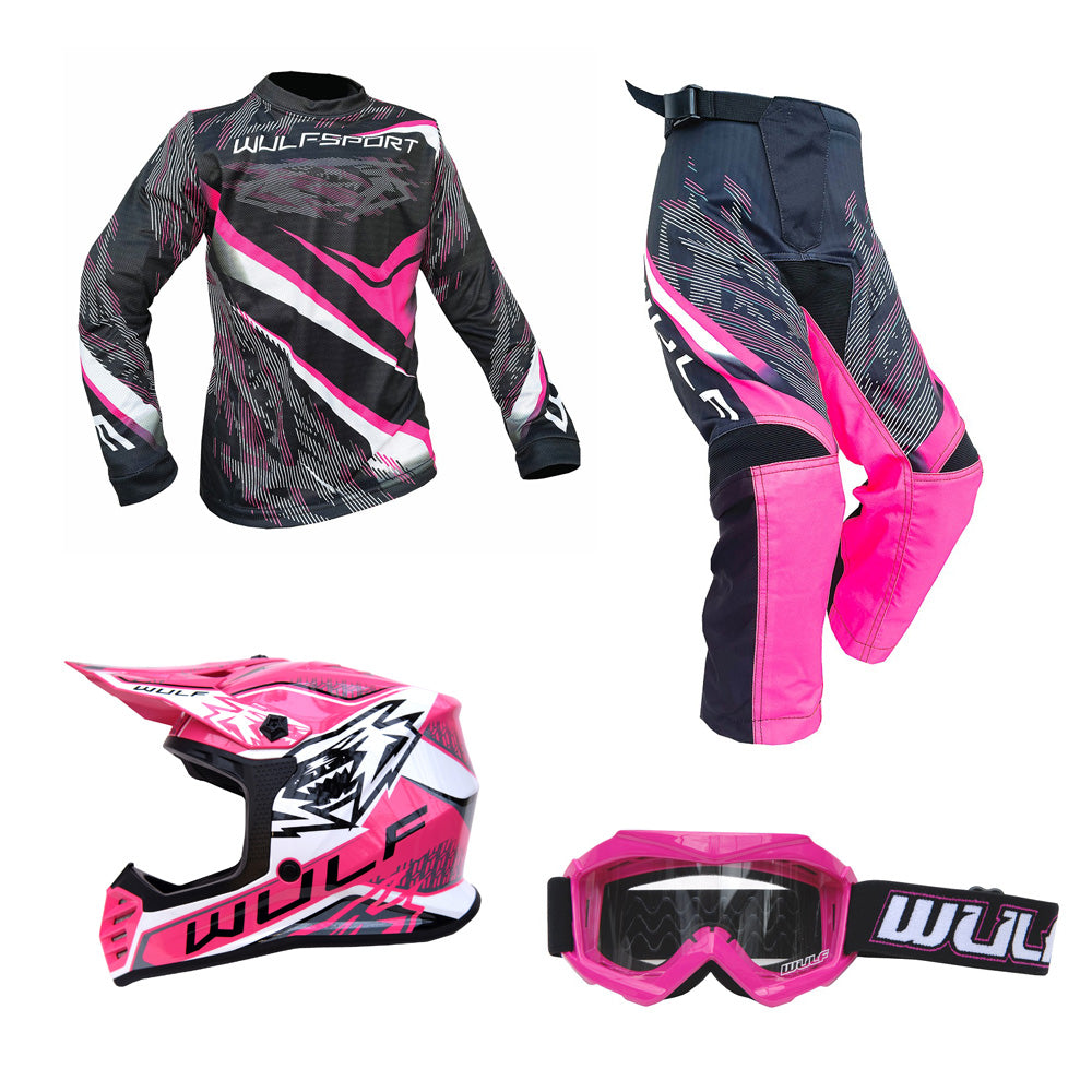 Kids MX Wulfsport 2026 WARHAMMER Motocross Shirt, Trouser, Goggle & Helmet Pink Set #5
