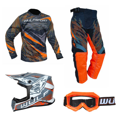 Kids MX Wulfsport 2026 WARHAMMER Motocross Shirt, Trouser, Goggle & Helmet Orange Set #5