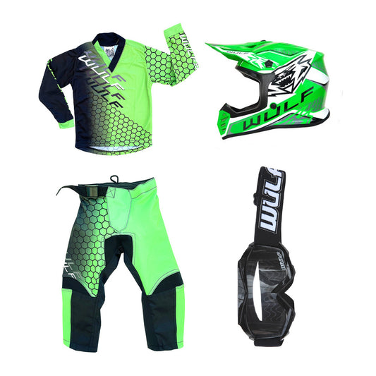 Kids MX Wulfsport 2025 CONNECT Motocross Shirt, Trouser, Goggle & Helmet Green Set #5