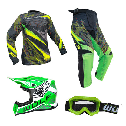 Kids MX Wulfsport 2026 WARHAMMER Motocross Shirt, Trouser, Goggle & Helmet Green Set #5