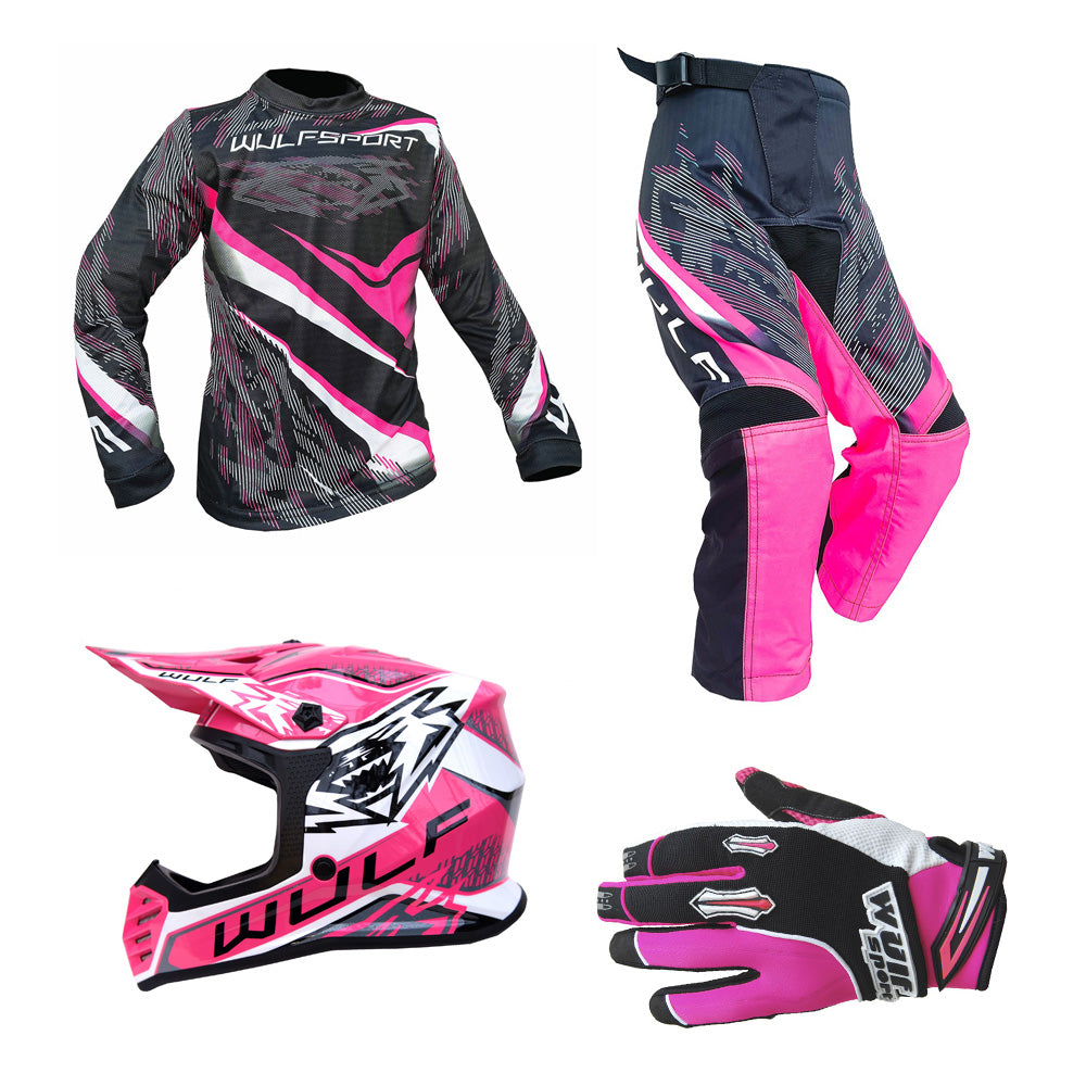 Kids MX Wulfsport 2026 WARHAMMER Motocross Shirt, Trouser, Glove & Helmet Pink Set #6