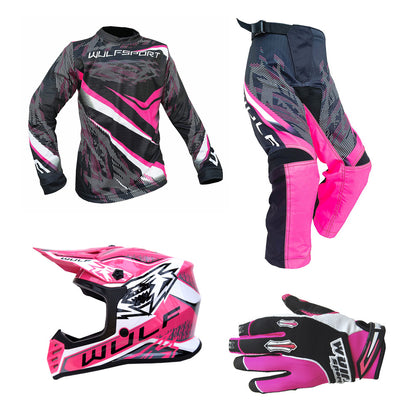 Kids MX Wulfsport 2026 WARHAMMER Motocross Shirt, Trouser, Glove & Helmet Pink Set #6