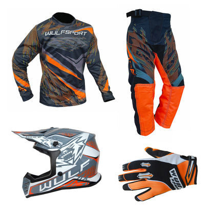 Kids MX Wulfsport 2026 WARHAMMER Motocross Shirt, Trouser, Glove & Helmet Orange Set #6