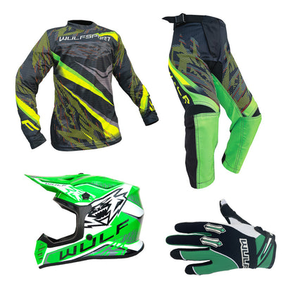 Kids MX Wulfsport 2026 WARHAMMER Motocross Shirt, Trouser, Glove & Helmet Green Set #6