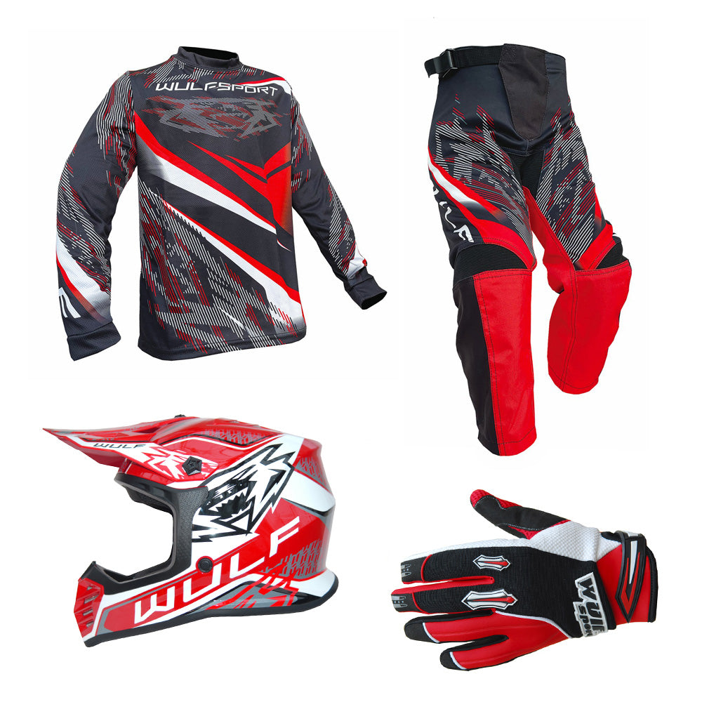 Kids MX Wulfsport 2026 WARHAMMER Motocross Shirt, Trouser, Glove & Helmet Red Set #6