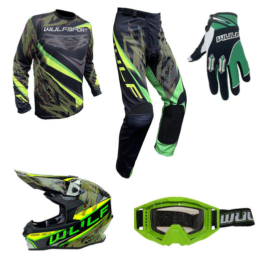 Adult MX Wulfsport WARHAMMER Motocross Shirt Pant Helmet Glove Goggles Green Set #8