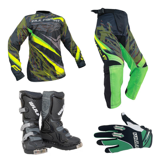 Kids MX Wulfsport 2026 WARHAMMER Motocross Shirt, Pant, Gloves & Boots Green Set #8