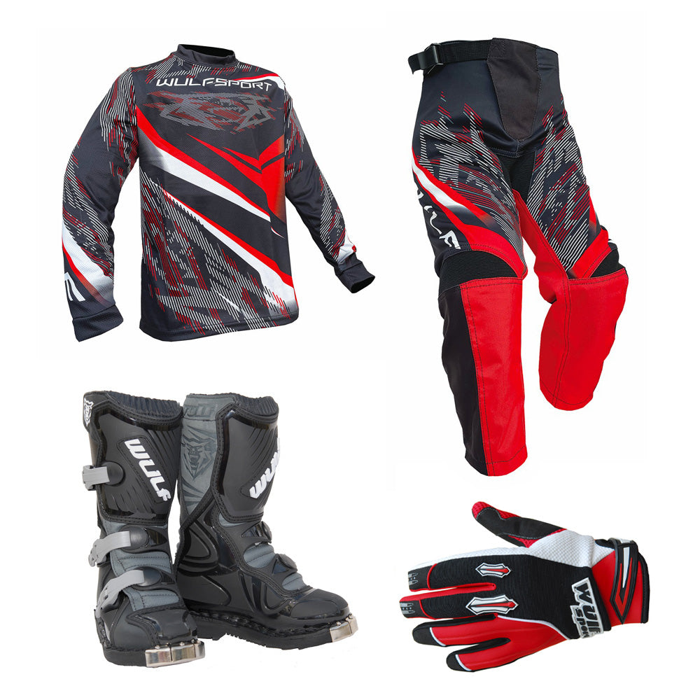 Kids MX Wulfsport 2026 WARHAMMER Motocross Shirt Pant, Gloves & Boots Red Set #8
