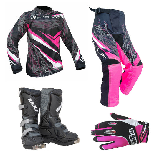 Kids MX Wulfsport 2026 WARHAMMER Motocross Shirt Pant, Gloves & Boots Pink Set #8