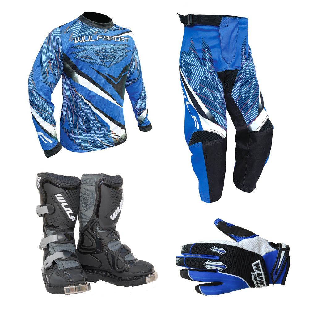 Kids MX Wulfsport 2026 WARHAMMER Motocross Shirt Pant, Gloves & Boots Blue Set #8