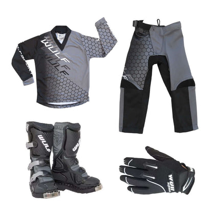 Motorcycle racing gear set including jersey, pants, boots, and gloves on a white background