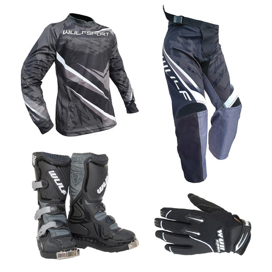 Kids MX Wulfsport 2026 WARHAMMER Motocross Shirt Pant, Gloves & Boots Black Set #8