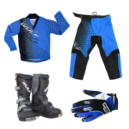 Kids MX Wulfsport 2025 CONNECT Motocross Shirt Pant, Gloves & Boots Blue Set #8