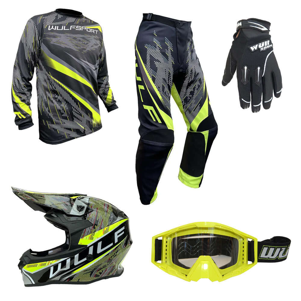 Adult MX Wulfsport WARHAMMER Motocross Shirt Pant Helmet Glove Goggles Yellow Set #8