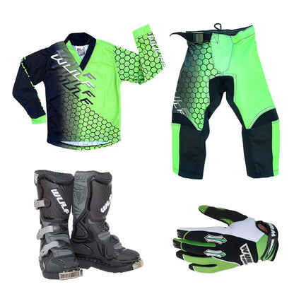 Kids MX Wulfsport 2025 CONNECT Motocross Shirt Pant, Gloves & Boots Green Set #8