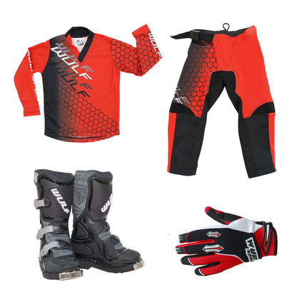 Kids MX Wulfsport 2025 CONNECT Motocross Shirt Pant, Gloves & Boots Red Set #8