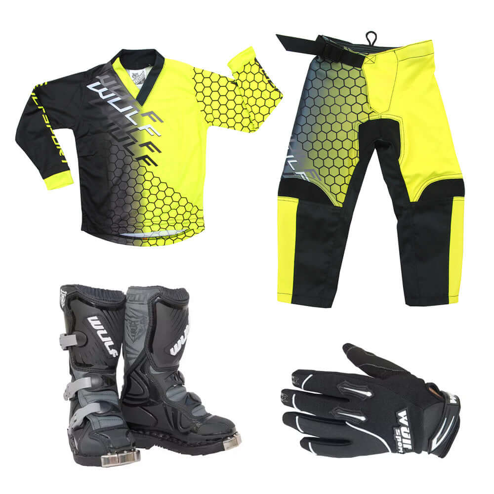 Kids MX Wulfsport 2025 CONNECT Motocross Shirt Pant, Gloves & Boots Yellow Set #8