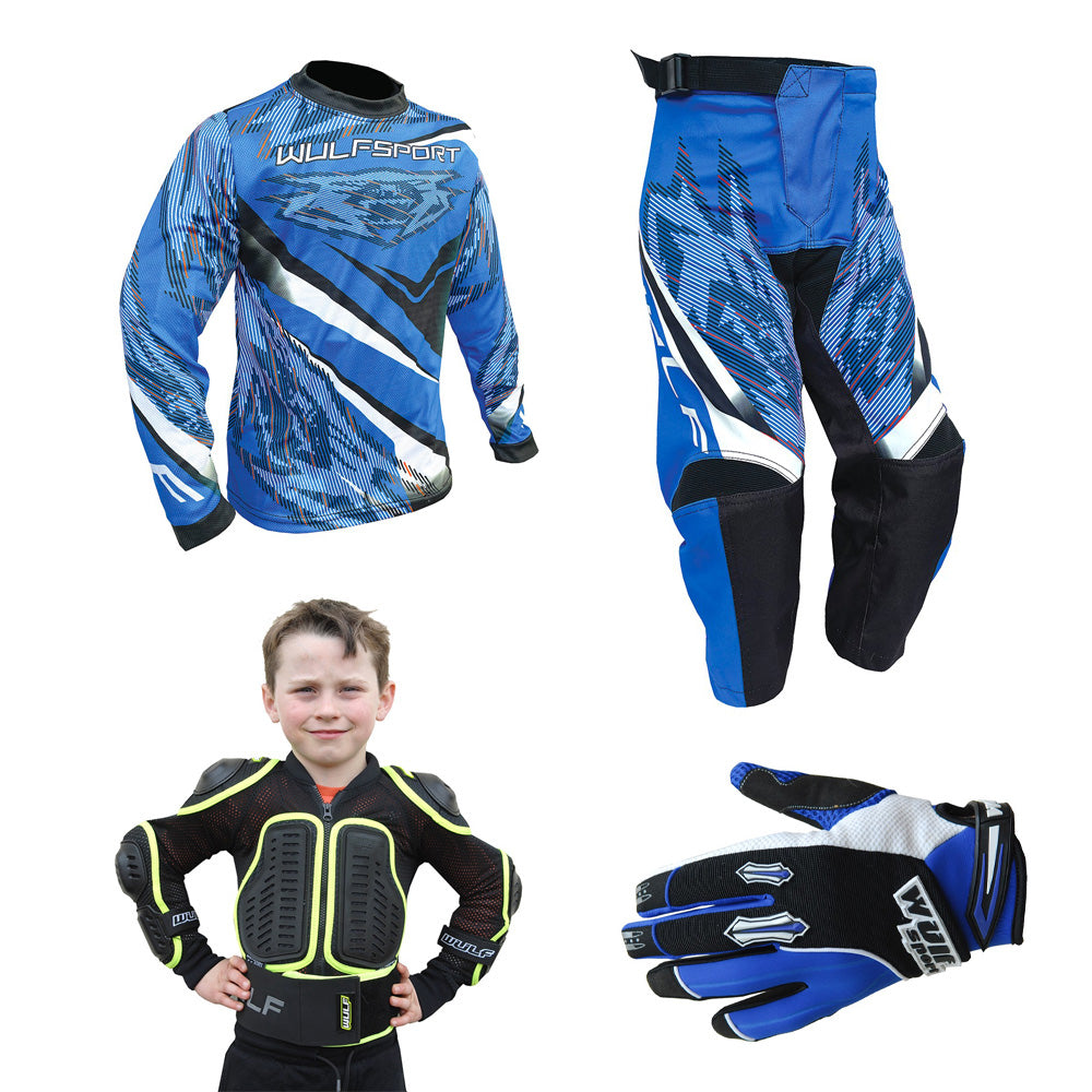 Kids MX Wulfsport 2026 WARHAMMER Motocross Shirt, Pant, Gloves, Armour Blue Set #9