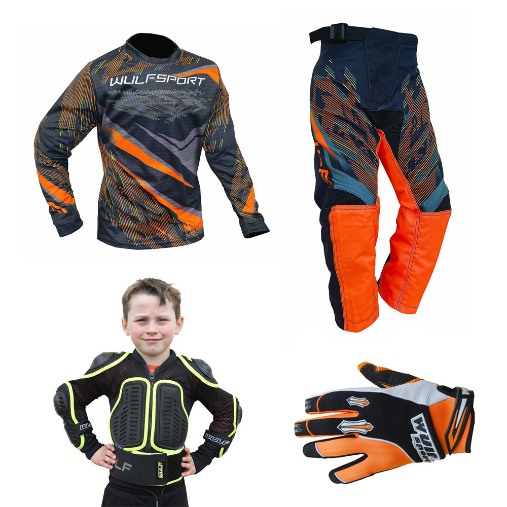 Kids MX Wulfsport 2026 WARHAMMER Motocross Shirt, Pant, Gloves, Armour Orange Set #9