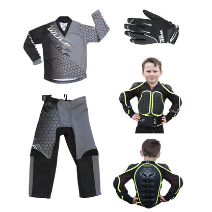Kids MX Wulfsport 2025 CONNECT Motocross Shirt, Pant, Gloves, Armour Black Set #9
