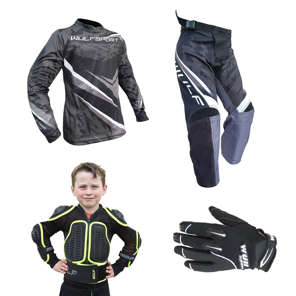 Kids MX Wulfsport 2026 WARHAMMER Motocross Shirt, Pant, Gloves, Armour Black Set #9