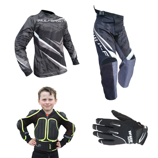 Kids MX Wulfsport 2026 WARHAMMER Motocross Shirt, Pant, Gloves, Armour Black Set #9