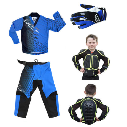 Kids MX Wulfsport 2025 CONNECT Motocross Shirt, Pant, Gloves, Armour Blue Set #9