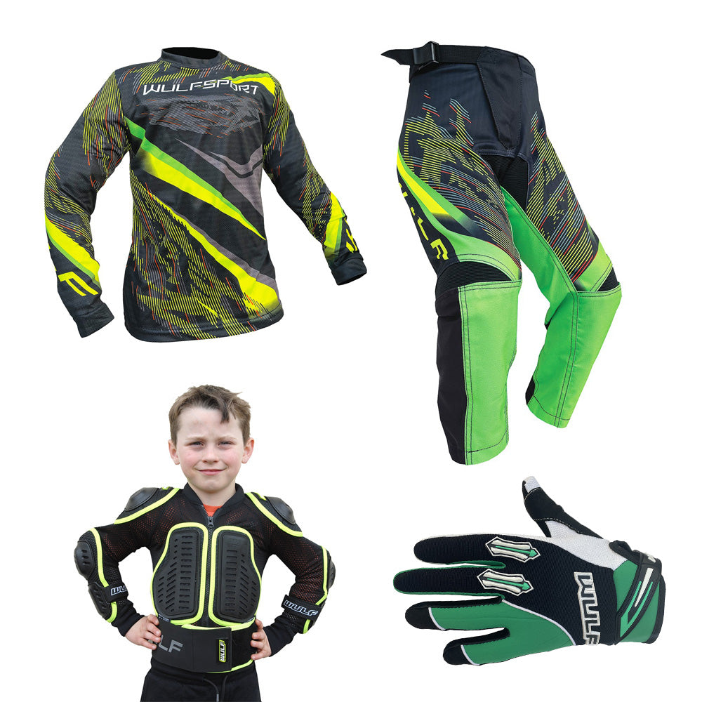 Kids MX Wulfsport 2026 WARHAMMER Motocross Shirt, Pant, Gloves, Armour Green Set #9