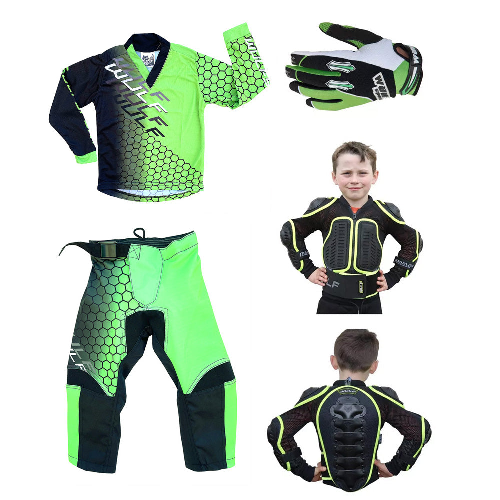 Kids MX Wulfsport 2025 CONNECT Motocross Shirt, Pant, Gloves, Armour Green Set #9