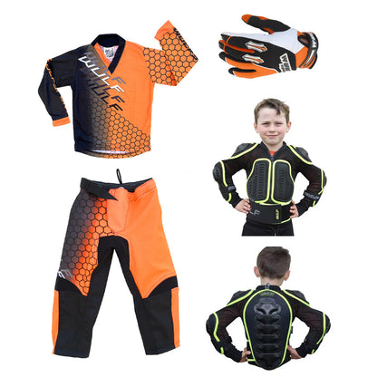 Kids MX Wulfsport 2025 CONNECT Motocross Shirt, Pant, Gloves, Armour Orange Set #9