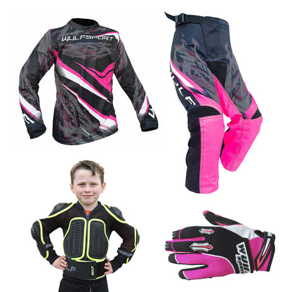 Kids MX Wulfsport 2026 WARHAMMER Motocross Shirt, Pant, Gloves, Armour Pink Set #9