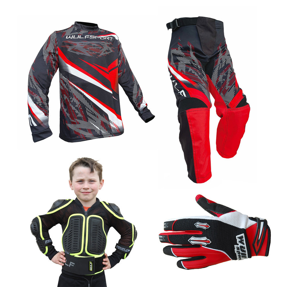 Kids MX Wulfsport 2026 WARHAMMER Motocross Shirt, Pant, Gloves, Armour Red Set #9