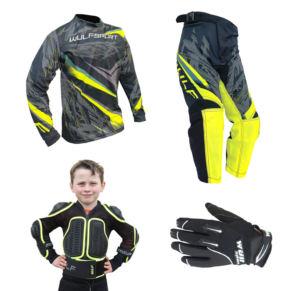 Kids MX Wulfsport 2026 WARHAMMER Motocross Shirt, Pant, Gloves, Armour Yellow Set #9