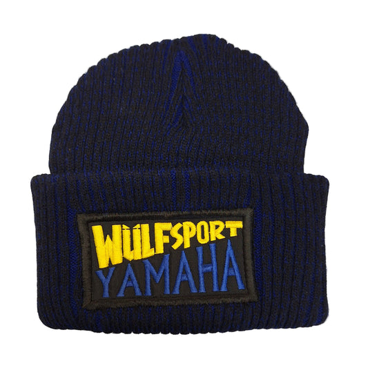 Black knit beanie with Wulfsport Yamaha patch on a white background
