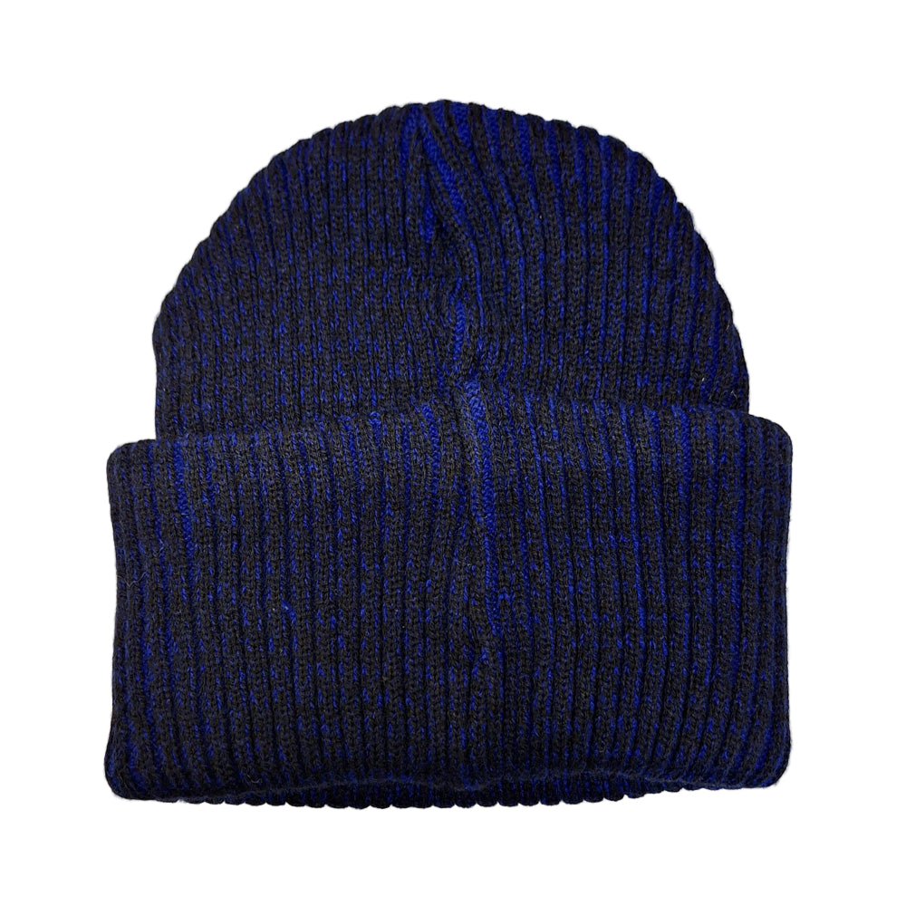 Blue knit beanie on a white background