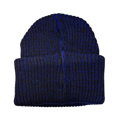 Blue knit beanie on a white background
