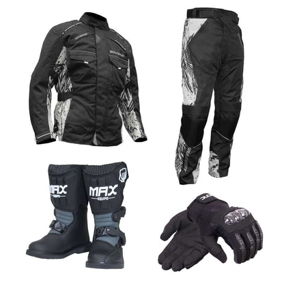 Wulfsport & Duchinni Kids Textile Motorcycle Jacket, Trouser, Boot & Glove Black Bundle #3